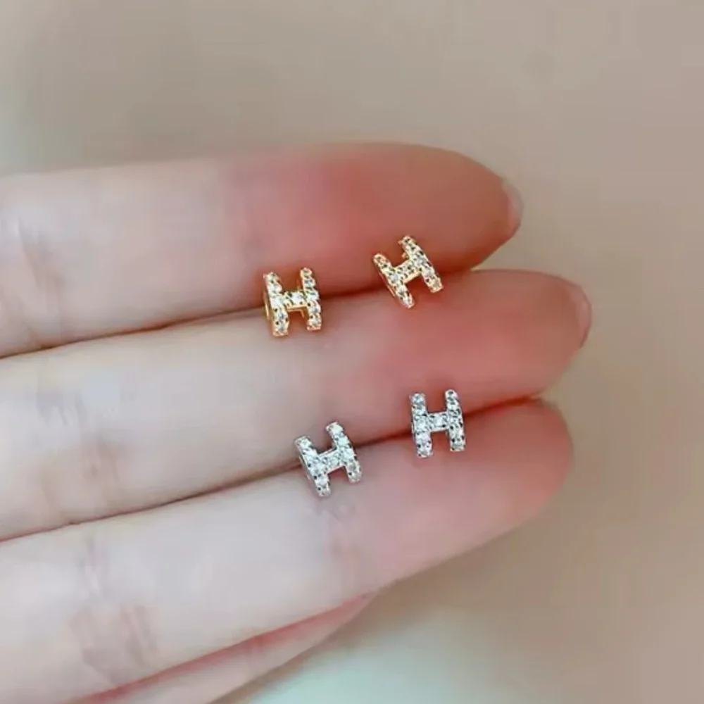 18K Gold Mini Pave Diamond Minimalist Letter H Shaped Earrings